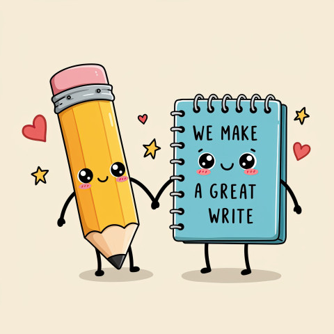 Bouncing pencil and notebook holding hands with heart doodles and stars