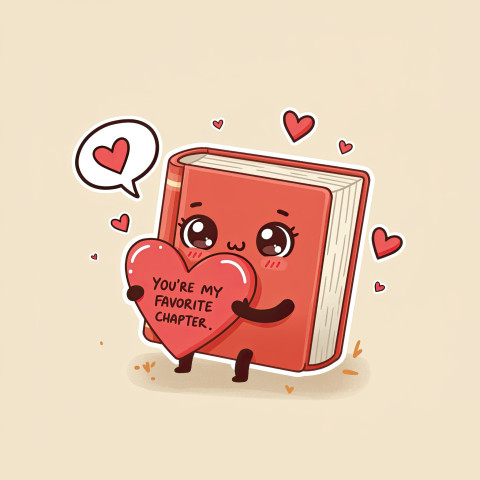 Cute book with heart-shaped bookmark and smiling face