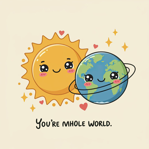 Friendly sun and smiling Earth with heart-shaped orbits