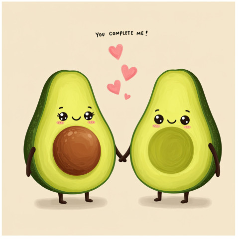 Cute avocado halves holding hands with shiny eyes and pink hearts