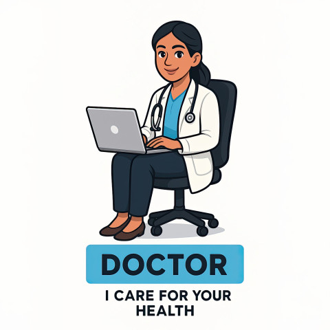 Indian woman doctor with stethoscope using a laptop on office chair