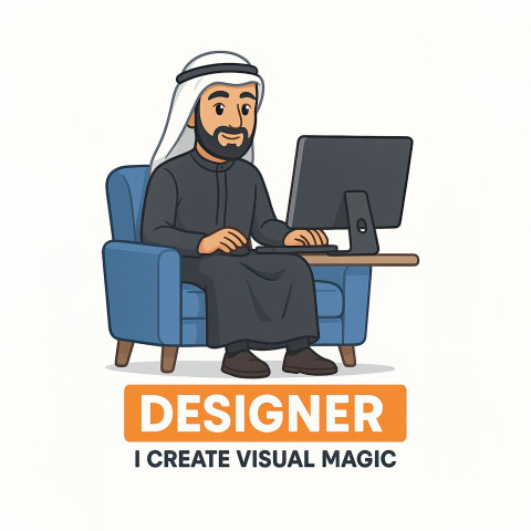Arabic graphic designer man in traditional Muslim attire sitting on a couch using a desktop