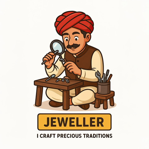 Indian Marwari jeweller man in red turban and kurta using tools and magnifier at a wooden workbench
