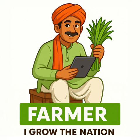 Indian farmer man in dhoti and kurta with red gamcha and orange turban holding crops and a tablet