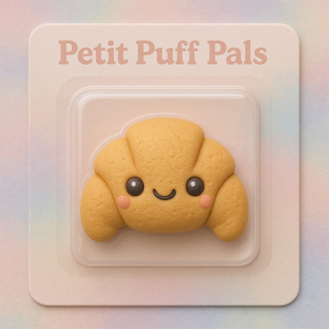 Tiny chibi croissant character in clay texture with pastel background