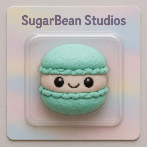 Chibi macaron toy with sweet face in soft pastel clay style