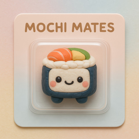 Cute chibi sushi roll figure with soft clay texture and pastel background