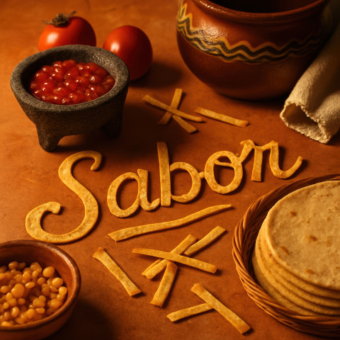 Word Sabor made from tortilla strips on terracotta in warm Mexican kitchen with golden light