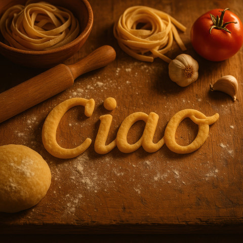 Word Ciao shaped from pasta dough on wood in Italian kitchen scene