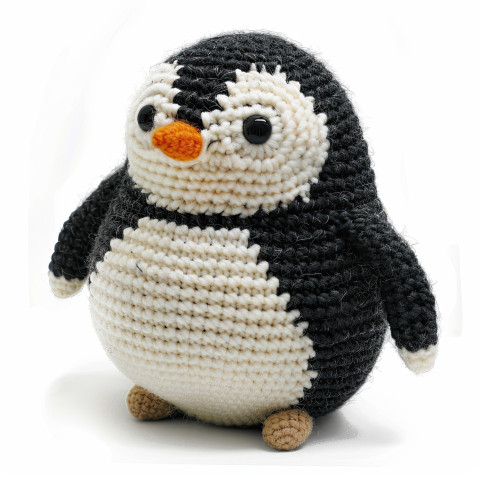 Cute round penguin with tiny wings and soft yarn texture in amigurumi style Cute round penguin with tiny wings and soft yarn texture in amigurumi style