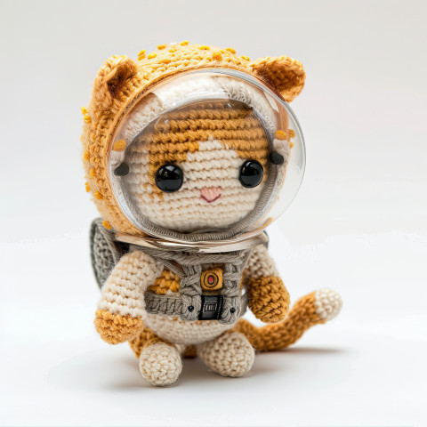Tiny yarn cat in a clear helmet space suit with soft texture Tiny yarn cat in a clear helmet space suit with soft texture