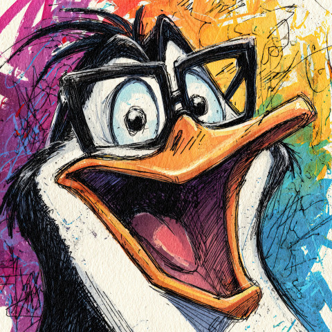 Lively penguin with giant glasses