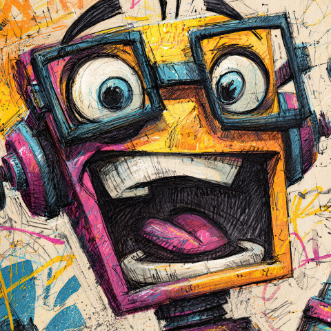 Joyful cartoon robot in glasses