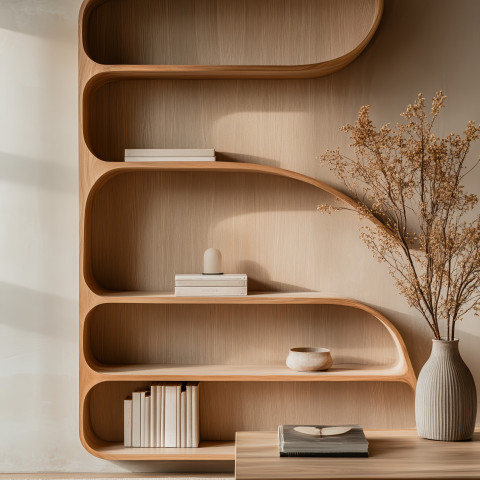 Close-up of minimalist teak bookshelf