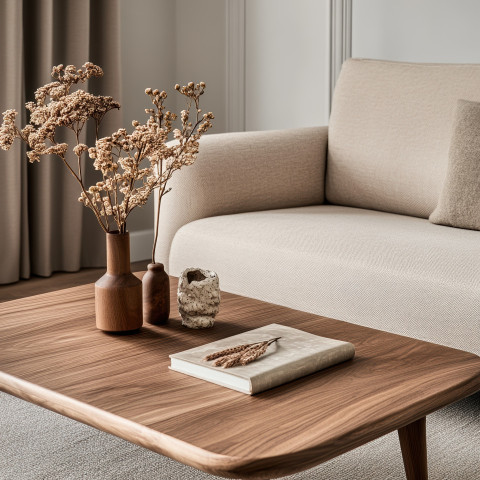 Minimal walnut coffee table in close-up