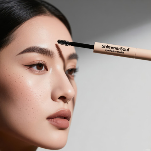 Close up brow gel wand hovering near defined brow Close up brow gel wand hovering near defined brow