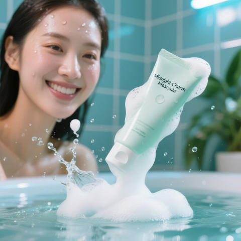 Foaming cleanser tube with airy foam and dynamic water splash Foaming cleanser tube with airy foam and dynamic water splash