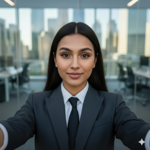 Confident woman in dark suit with natural light and glass office background showing leadership