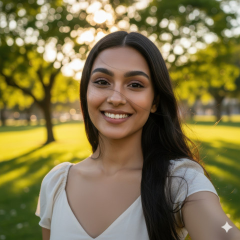 Smiling young woman in green park with warm sunlight