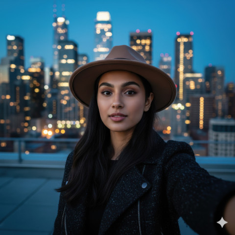 Stylish woman on city rooftop at blue hour with skyline lights and cinematic soft focus