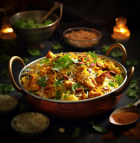 Lucknowi Chicken Biryani, Authentic Indian Food Image.