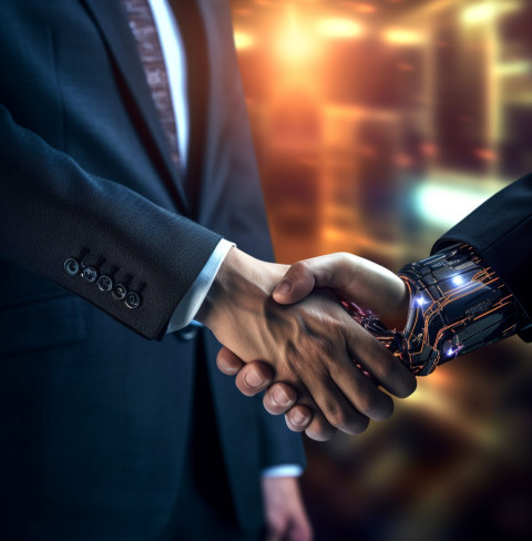 A photo of a digital technology business handshake background