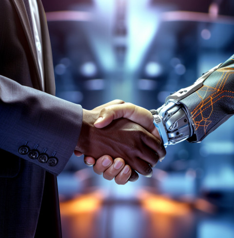 A photo of a digital technology business handshake