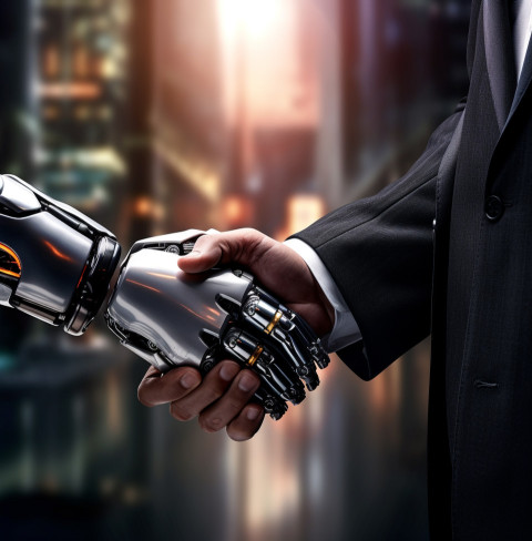 A photo of a digital technology robotic business handshake