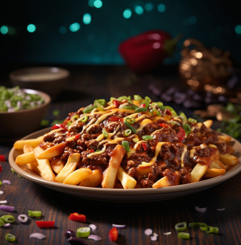 A photo of a Chili cheese fries, fast food advertisement stock images