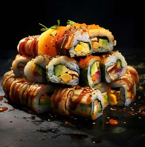 A photo of a Sushi rolls, fast food advertisement stock images