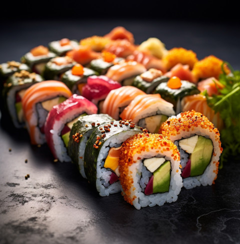 A photo of a Sushi rolls, fast food advertisement stock images