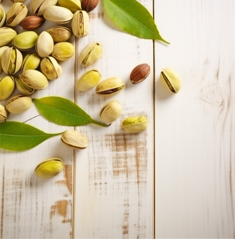 pistachios on white wooden background stock photo