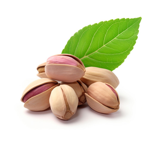 pistachio nuts with green leaves isolated on white