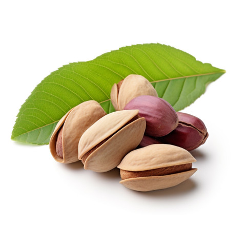 pistachio nuts placed on a white background with leaf