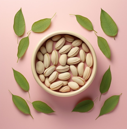 a bowl of pistachio nuts with leaves around it