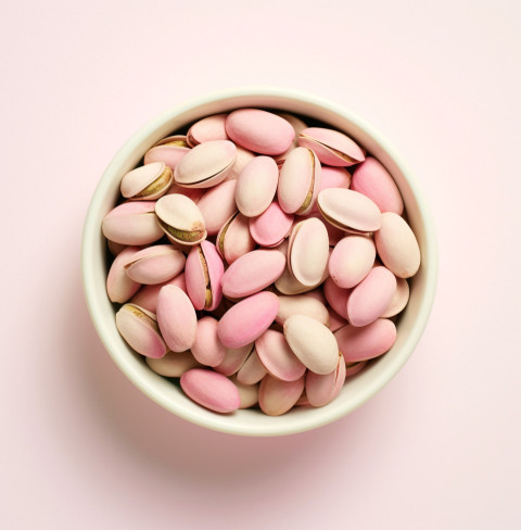 pistachios in bowl on white background top view