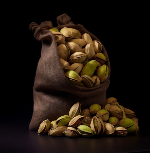 pistachio nuts in a sack on black dark background in natural day