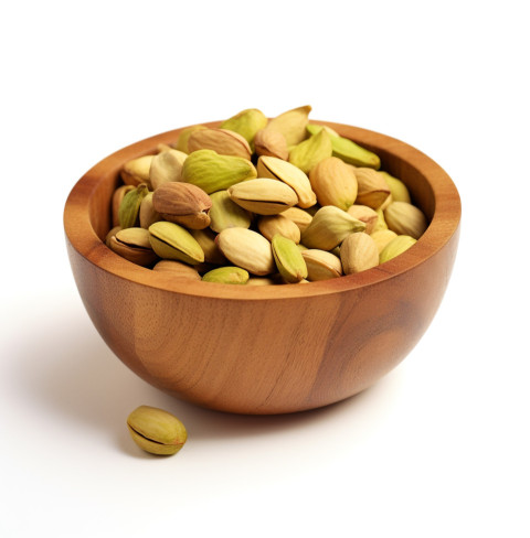 pistachio nuts in a wooden bowl with white background