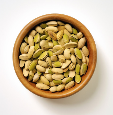 full bowl of pistachios with white background