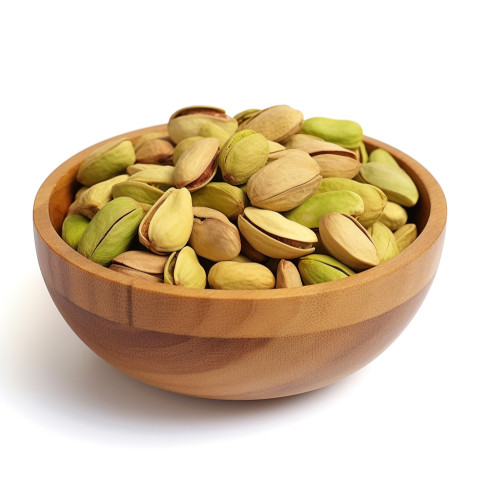 pistachio nuts in wooden bowl isolated on white background