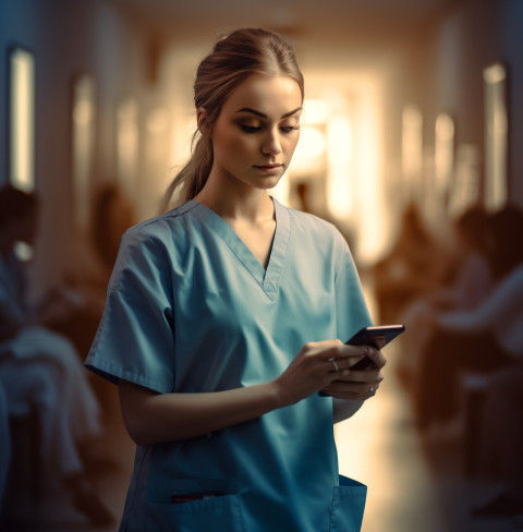 a nurse with a tablet and smartphone on her shoulder