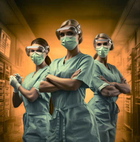 three medical employees with surgical masks posing for a shot