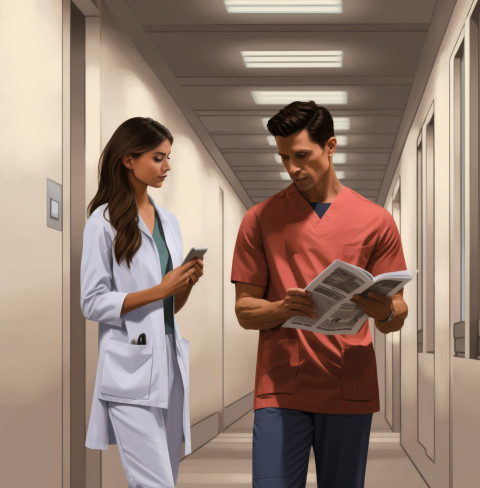 female doctor and male patient looking at paper in the hallway