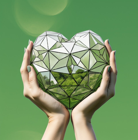 a female hand shows a heart shape on a green background with a c