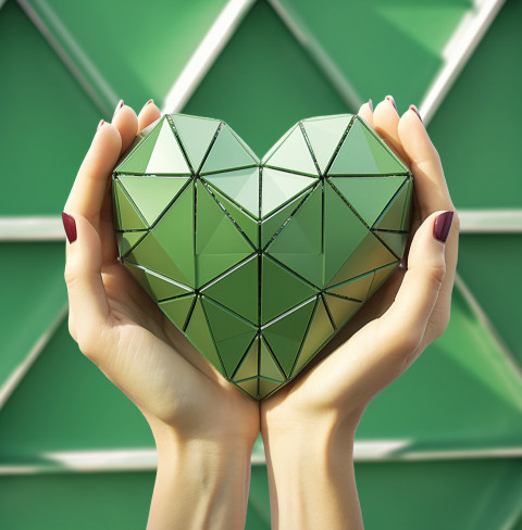 Female hand makes heart shape on green background