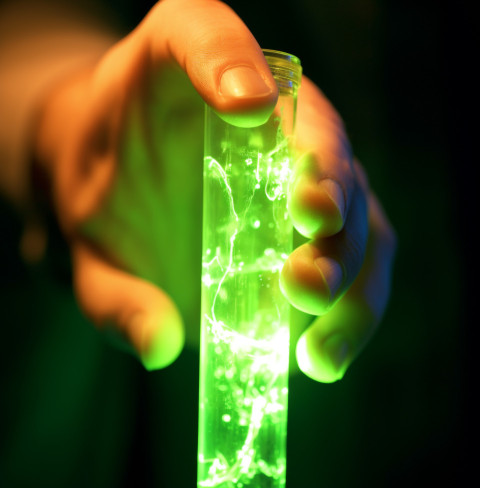 a close-up view of a scientist's hand holding a test tube