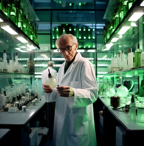 a long shot of a scientist in a white coat standing in a laborat