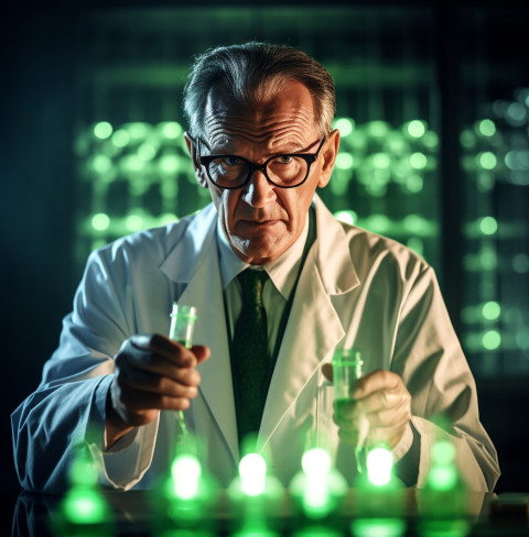 a scientist in a white coat stands in a dark laboratory