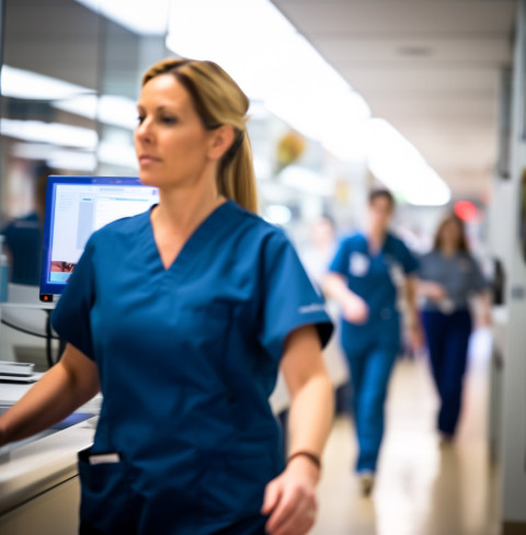 the nurse is walking down a long brightly lit hallway