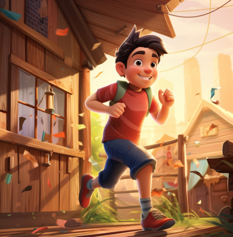 a character is running in front of a wooden house